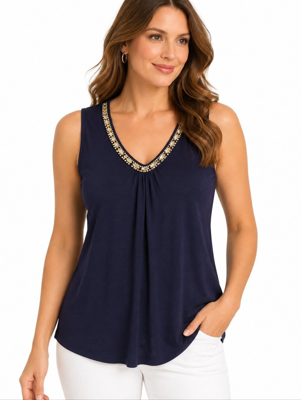 Cable & Gauge Navy Embellished Neckline Tank Top — Size XL